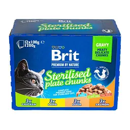 Вологий корм Brit Premium Cat Набір павучів сімейна тарілка для стерилізованих кішок, асорті 4 смаки, 100 г х 12 шт. - мініатюра 8