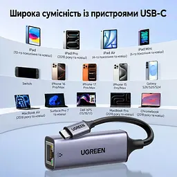 Мережевий адаптер UGREEN CM199 зовнішня мережева карта USB-C на RJ45 Ethernet 10/100/1000 Мбіт/с зі світлодіодним індикатором для Windows macOS та Linux сумісний зі Steam Deck та Nintendo Switch Lite чип AX88179B із вбудованим кабелем 0,1 м космічний сірий (50737) - мініатюра 6