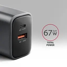 Мережевий зарядний пристрій AXAGON ACU-PQ67, 2x port (USB + USB-C), PD3.0/QC4+/PPS/Apple, 67W, сірий - мініатюра 7
