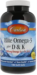 Омега 3 Д3 і вітамін К Carlson Omega-3 Plus D & K 180 гел капс