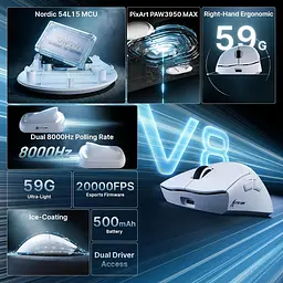 Бездротова миша ATTACK SHARK V8 42000 DPI PAW3950MAX Nordic 54L15 8K Біла - мініатюра 7