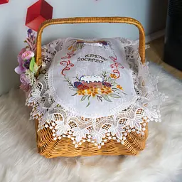 Вишита серветка на пасхальний кошик з ажурним мереживом 40х60 см №33, Kitchen Master Білий 86057 - мініатюра 3
