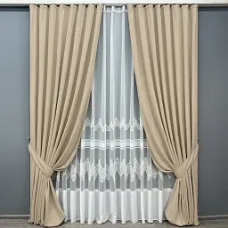 Комплект штор з тюлем VR-Textil Мікровелюр Petek, бежевий з молочним, 2 штори 150×270 см + тюль 600×270 см, арт. 71-194/5