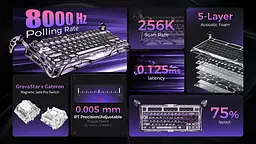 GravaStar Клавіатура магнітна Mercury V75 Pro 80keys, GravaStar x Gateron Jade Gaming, USB-A, 8k, RGB, Iron Purple - мініатюра 3