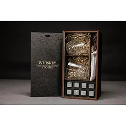 Подарунковий набір Whiskey Stones камені для віскі у дерев'яному пеналі 8 шт. + 2 склянки Bormioli Rocco Dedalo + щипці + мішечок - мініатюра 2