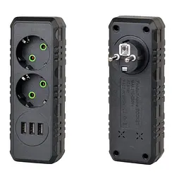 Розетка двойник с заземлением Voltronic F-102 Black, 2 розетки+3USB (1А), 2500W, 10A, 110-250V - мініатюра 1