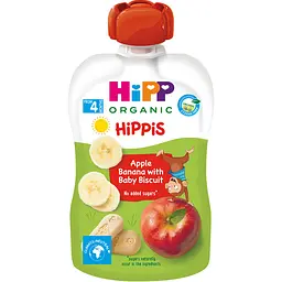 Органічне фруктове пюре HiPP HiPPiS Pouch Яблуко-банан з дитячим печивом 100 г
