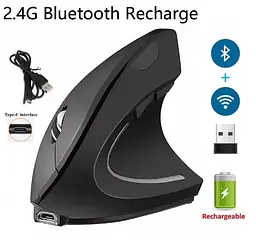 Бездротова акумуляторна вертикальна миша Bluetooth + USB адаптер 2,4 Чорна  - мініатюра 2