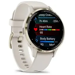 Смарт-годинник Garmin Venu 3S корпус кольору слонова кістка зі золотистим сталевим безелем та білим силіконовим ремінцем