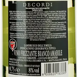 Вино ігристе Decordi Lambrusco Bianco Amabile IGT, біле, напівсолодке, 8%, 0,75 л - мініатюра 3