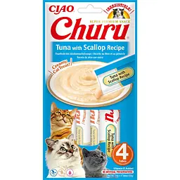 Ласощі для котів INABA Churu, вершковий мус у стіках з тунцем та морським гребінцем, 4×14 г