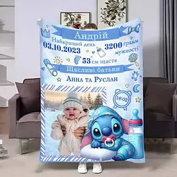 Плед 3D з метрикою Метрика для хлопчика Метрика Маленький Стіч 1 фото 4123_C 17524 80х100 см