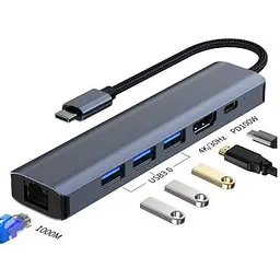 Концентратор Dynamode 7-in-1 USB-C to HDTV 4K/30Hz 2хUSB3.0 RJ45 USB-C PD 100W SD/MicroSD (BYL-2303) - мініатюра 2