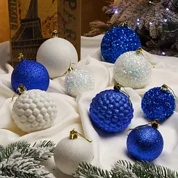 Набір новорічних блискучих іграшок на ялинку "Сузір'я" 40 куль білий з синім - мініатюра 2