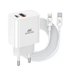 Зарядний пристрій RivaCase 2xUSB-A + USB-C, PD 20 Вт + QC 3.0, кабель USB-C — Lightning, білий (PS4102 WD5 (White)) - мініатюра 1