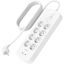 Мережевий фільтр-подовжувач Belkin Surge Protections SRB003CA2M White, 2 м, 8хТипE, 16 А, USB-A/USB-C 18 Вт, фільтр