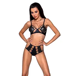 Комплект білизни Passion TASMINA SET S/M black, ліф, високі трусики з корсетом ззаду - мініатюра 1