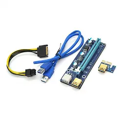 Райзер Riser PCI-EX, x1=x16, 6-pin, SATA=6Pin, USB 3.0 AM-AM 0,6 м (синій), конденсатори 270, Пакет