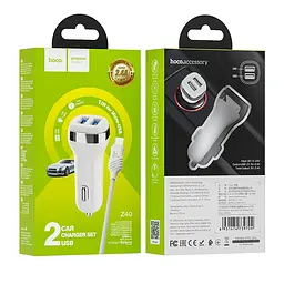 Адаптер автомобільний HOCO Z40 Superior dual port car charger set with Micro USB Cable комплект білий - мініатюра 2