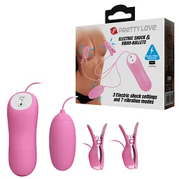 Віброяйце з затискачами для сосків Pretty Love Electric Shock & Vibro-Bullets Pink