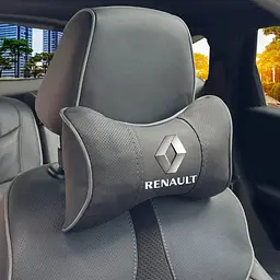 Подушка на підголівник з логотипом Renault Екошкіра 3D Кольоровий лого Чорні-Сірий кант 1 шт