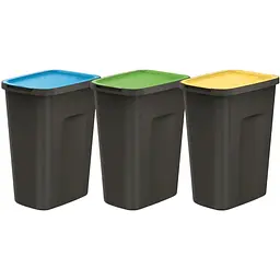 Баки для сортування сміття Prosperplast Keden Compacta Q Plus, комплект 3x35 л, чорний, кришка синя, зелена, жовта