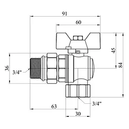 Кран-американка кульовий кутовий Kroner 3/4" ВЗ PN40 метелик, нікельований (CV033224) - мініатюра 4