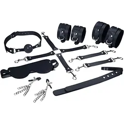 Набір Feral Feelings BDSM Kit 7 Black, наручники, поножі, конектор, маска, падл, кляп, затискачі