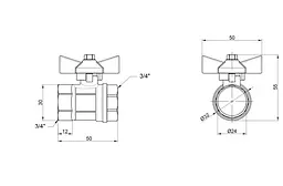 Кран кульовий Thermo Alliance Base 3/4" ВВ прямий, PN40, метелик SD602W20 - мініатюра 3