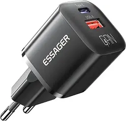 Мережевий зарядний пристрій Essager 20W GaN PD з чорною EU-вилкою (USB + Type-C) (6934025890220)