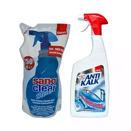 Засіб для видалення вапняного нальоту Sano Anti Kalk, 1 л & Універсальний засіб Sano Clear для чищення стекол та різних поверхонь, 750 мл (запаска) (293943, 117275)