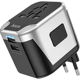 Мережевий зарядний пристрій Hoco AC5 2 USB (EU, US, UK, AUS) сріблясто-чорний