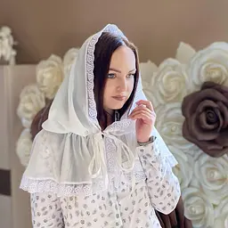 Жіночий палантин для відвідування храму, церкви, монастиря, обряду хрещення, вінчання мереживна шифонова хустка на голову Діва Марія 80*120 см Betis молочний
