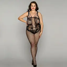 Сітчастий бодістокінг JSY «Ніжна Люсі» Plus Size, black, імітація боді, імітація шнурівки - мініатюра 3