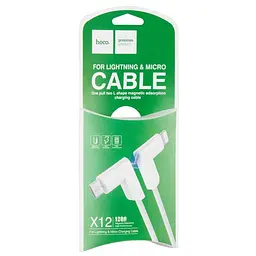 USB Cable Hoco X12 One Pull Two Magnetic 2in1 iPhone 6/MicroUSB (L Shape) White 1.2m - мініатюра 2