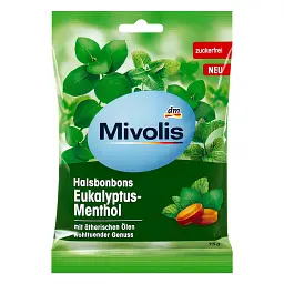 Льодяники від болю в горлі з ментолом Mivolis Halsbonbons Eukalyptus-Menthol 75г, від DM (Німеччина)