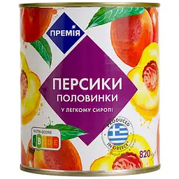 Персики Премія половинками в легкому сиропі, 820 г (300204)