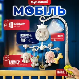 Мобіль на ліжечко з пультом, дитяча карусель для новонароджених немовлят мобілі 2 в 1 з таймером, колискові та звуки (сolombokid 5033A) - мініатюра 7