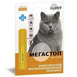Краплі на холку для котів ProVET Мега Стоп до 4 кг 1 піпетка від зовнішніх та внутрішніх паразитів