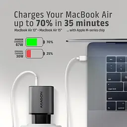 Мережевий зарядний пристрій з дисплеєм AXAGON ACU-PQ67D, 2x port (USB + USB-C), PD3.0/QC4+/PPS/Apple, 67W, сірий - мініатюра 3