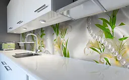 Кухонний фартух Лілії і Перли вінілова наклейка для кухні ПВХ Квіти Бежевий 60х200 см Happy Pocket Z181330