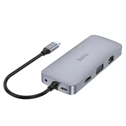 Мульти адаптер хаб Hoco HB33 10в1 Type-C to USB 3.0/ 2 USB 2.0/ Type-C/ HDMI/ VGA/ RJ45/ AUX/ SD/ TF PD 100W 0.18m сірий - мініатюра 6