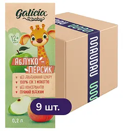 Упаковка натурального яблучно-персикового соку Galicia Baby з м’якоттю 1.8 л (0.2 л x 9 шт.)