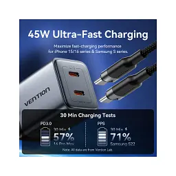 Зарядний пристрій Vention 2xUSB-C PD45W GaN + cable USB-C to USB-C 1.0m black gray (TZ-FCDH0-EU) - мініатюра 4