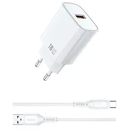Мережевний зарядний пристрій WIWU G006 Essen QC3.0 18W GaN 1USB-A + кабель USB to Type-C White