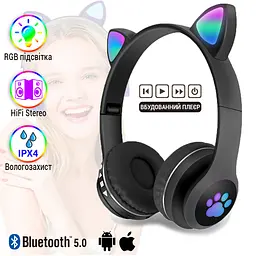 Повнорозмірні навушники бездротові No Brand Cat Headset M23 Bluetooth з RGB підсвічуванням та котячими вушками Black - мініатюра 2