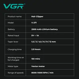 Машинка для стриження акумуляторна VGR V-271 8000-11000 RPM LED дисплей (6 насадок) - мініатюра 7