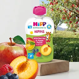 Органічне фруктове пюре HiPP HiPPiS Pouch Яблуко-персик-чорниця-малина 100 г - мініатюра 2