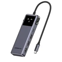 USB-C хаб UGREEN Uno CM889 6 в 1 3 USB-A 3.0 + 1 USB-C 3.0 для даних до 5 Гбіт/с HDMI до 4K 60 Гц / 2K 144 Гц / 1080p 240 Гц вхід USB-C PD 3.0 до 100 Вт хост до 90 Вт без споживача на виході PD або до 70 Вт із ним заряджання периферії через USB-C PD 3.0 до 20 Вт HDMI потребує USB-C хоста з DisplayPort Alt Mode кнопка ввімкнення/вимкнення HDMI LED-дисплей стану підключень дублювання/розширення без драйверів сірий із чорною панеллю (75177)