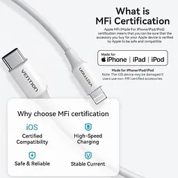 Кабель USB 2.0 Type-C M-Lightning M, 1.0 м, PD 27W, PVC, білий Vention - мініатюра 4